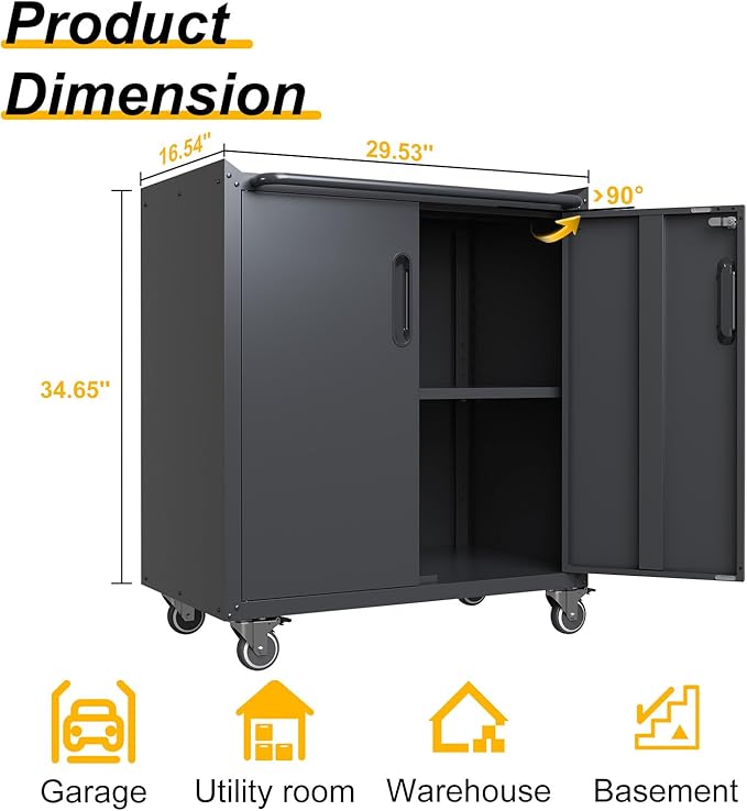 Metal Storage Cabinet with Wheels, Lockable Rolling Tool Chest with Adjustable Shelf & Handle & 2-Doors, Mobile Steel Locker for Garage, Home, Office, Warehouse, Assembly Required, Black
