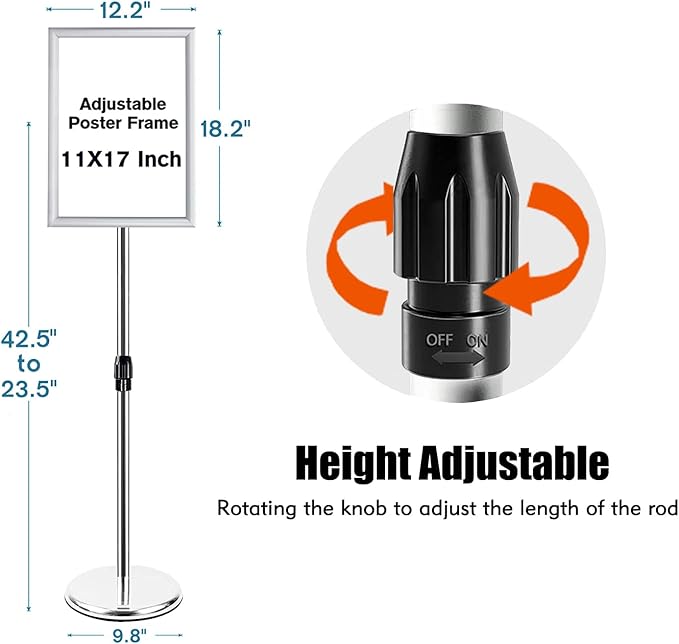 Adjustable Sign Stand for Display, Pedestal Floor Signage Stand Holder with Heavy Duty Base, for Outdoor or Indoor Advertising (11 x 17, Silver)