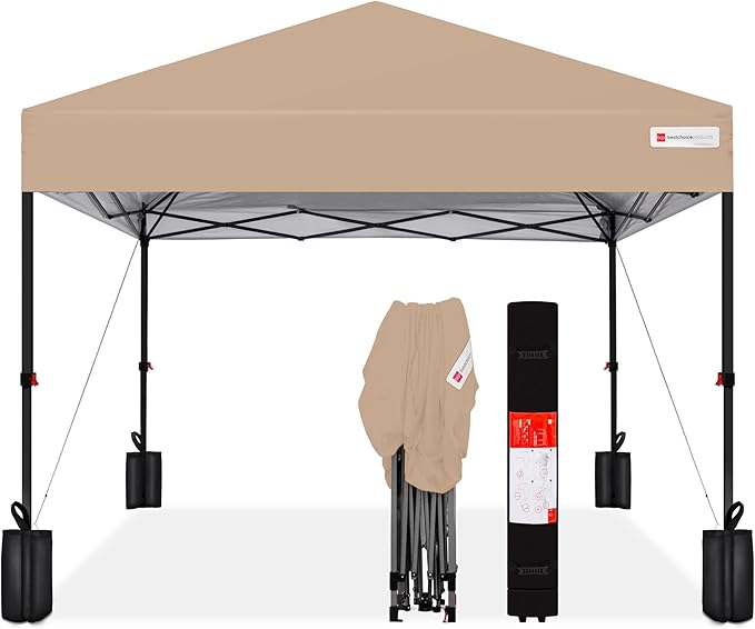 Best Choice Products 10x10ft 1-Person Setup Pop Up Canopy Tent Instant Portable Shelter w/ 1-Button Push, Case, 4 Weight Bags - Tan