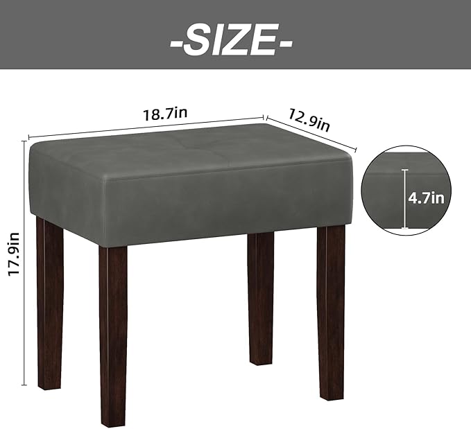 Leather Vanity Stool, 18.7 Inch Wide Rectangle Ottoman Bench for Makeup Room, Vanity Chair with Wood Legs for Piano Room, Bedroom,Living Room with Customizable (Gray)