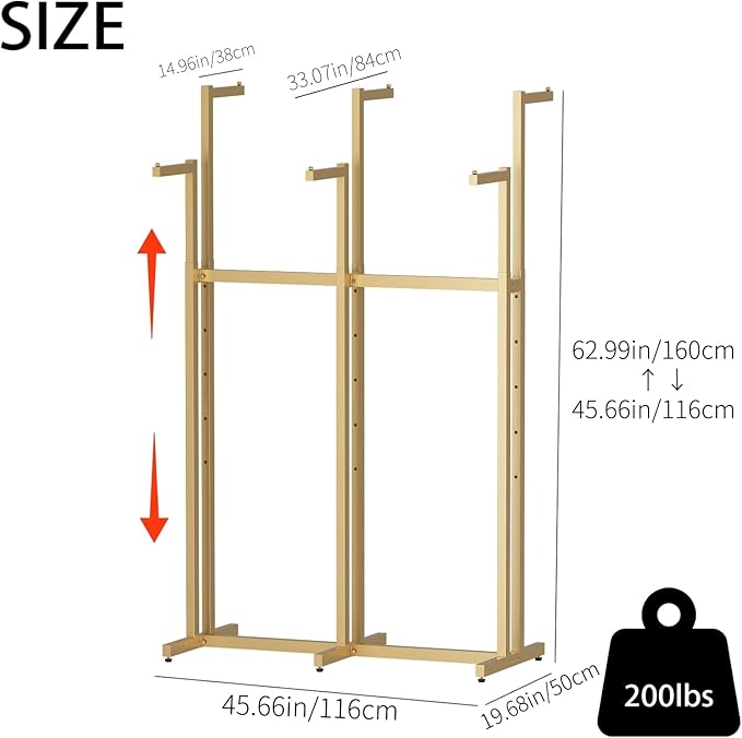Gold Clothing Racks, Metal Clothes Rack with 6 Straight Arms, Freestanding Garment Rack for Hanging Clothes Heavy Duty, 46" to 63" Adjustable Height Retail Clothing Rack for Boutiques Display