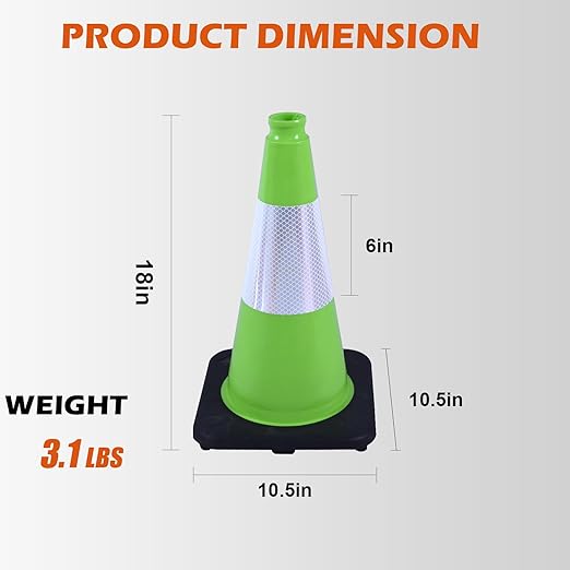 6 Pack 18 Inch Green Reflective Traffic Cones, Durable Black Base Safety Cones for Parking Lots, Sports Fields and Yard Markers (6, Green, 18 Inch)