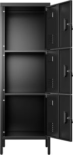 Aobabo 16" W 3 Door Metal Storage Locker with Lock, 47" H Steel Locker with Name Card Holder and Metal Leg for School, Home, Office, Playroom, Assembly Required, Black