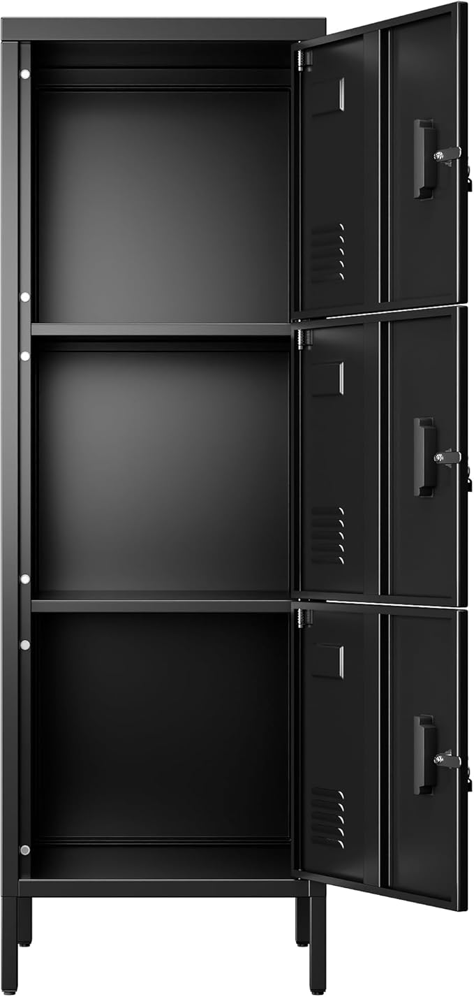 Aobabo 16" W 3 Door Metal Storage Locker with Lock, 47" H Steel Locker with Name Card Holder and Metal Leg for School, Home, Office, Playroom, Assembly Required, Black