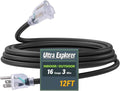 12 Ft Indoor Outdoor Black Extension Cord, 16/3 Heavy Duty Extension Cable, 3 Prong Grounded Plug with Lighted End for Appliance and Lawn, 13A, UL Listed