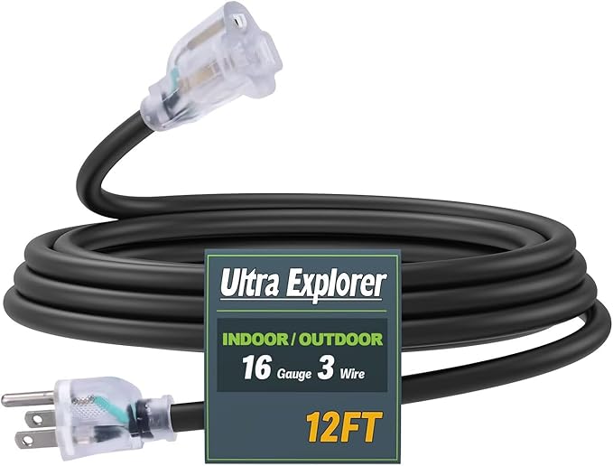 12 Ft Indoor Outdoor Black Extension Cord, 16/3 Heavy Duty Extension Cable, 3 Prong Grounded Plug with Lighted End for Appliance and Lawn, 13A, UL Listed