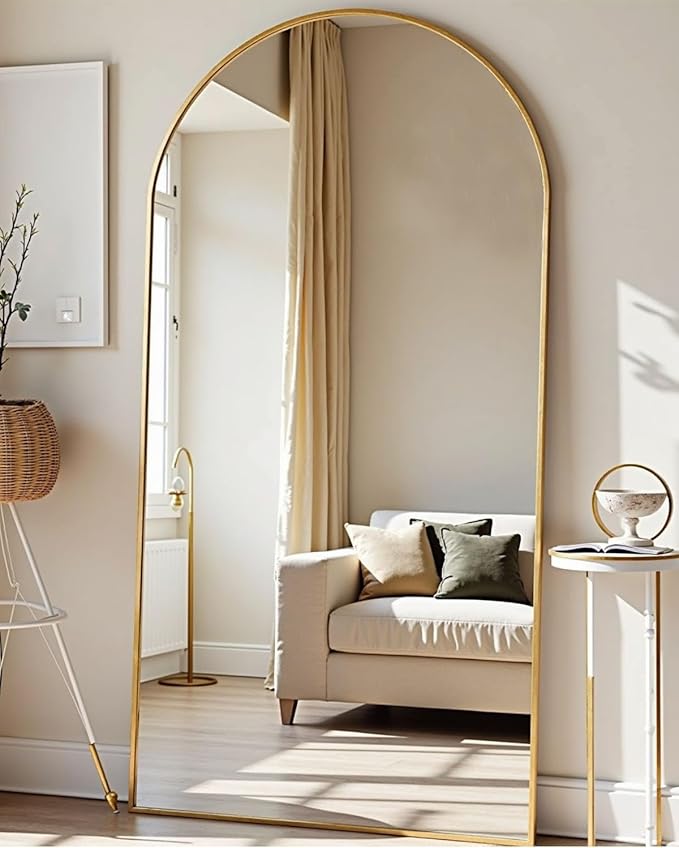 TinyTimes 78''x38'' Oversized Full Length Mirrors, Arched Floor Mirror with Stand, Full Body Large Standing Mirror/Leaning/Hanging Wall Mounted for Living Room, Bedroom, Gold