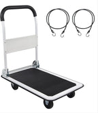 LEADALLWAY Foldable Push Cart Platform Cart 330lbs Capacity 4 Wheels 28.7x18.5x32.3inches White with 2 Ropes Small Flatbed Cart