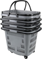 Kekow 50 L Large Plastic Shopping Basket with Wheels, 4 Pack Plastic Rolling Shopping Basket with Wheels and Handle, Gray