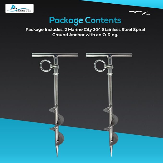 MARINE CITY Spiral Ground Anchor with O-Ring – 304 Stainless Steel 4-1/2 x 10-5/8 Inches, Ideal for Boat Mooring, Camping Tents, Puppy Tie-Out Stakes, Backyards, Marines, Yachts (Pack of 2)