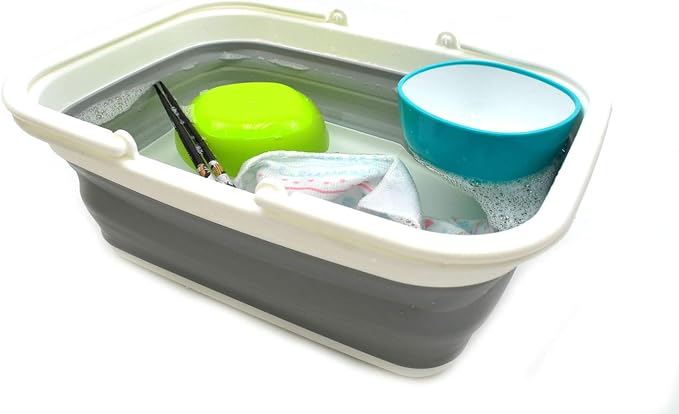 SAMMART 9.2L (2.37Gallon) Collapsible Tub with Handle - Portable Outdoor Picnic Basket/Crater - Foldable Shopping Bag - Space Saving Storage Container (Grey & Lake Green, 2)