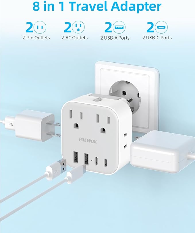 European Travel Plug Adapter Set, 8-in-1 Travel Adapter with 4 Outlets, 4 USB Ports (2 USB C), US to UK/EU Universal Travel Adapter, International Power Adapter with Type G/E/F/C Detachable Plugs