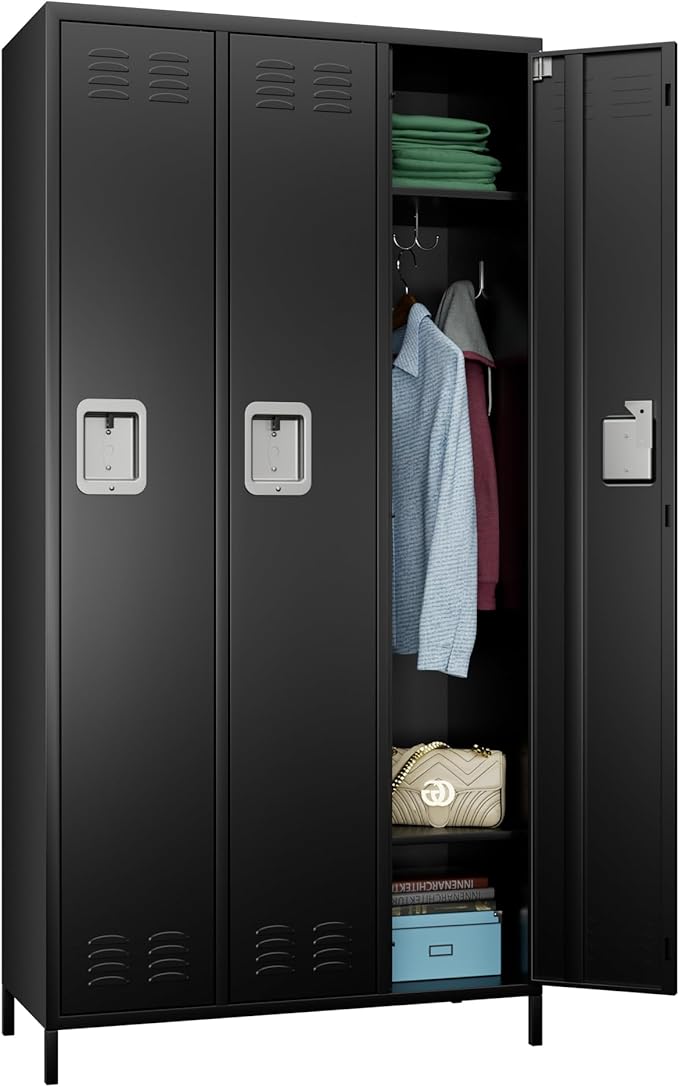 Aobabo Metal Lockers for Employees, 3 Doors Storage Locker with 9 Hooks for Office Home, Black, Assembly Required