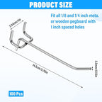100 Pack Peg Board Hooks Silver 6 Inch Iron Pegboard Organizer Hook, Metal Peg Shelf Hooks for Pegboard 1/8 and 1/4 for Garage, Office,Kitchen, Store