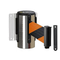 Montour Line WM115 Wall Mounted Retractable Belt Barrier with Standard Belt End, Fixed Mount, Polished Stainless Steel Casing (13 ft Black and Orange Diagonal Belt)