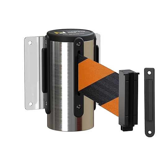 Montour Line WM115 Wall Mounted Retractable Belt Barrier with Standard Belt End, Fixed Mount, Polished Stainless Steel Casing (13 ft Black and Orange Diagonal Belt)