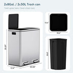 Arlopu Dual Trash Can, 2 x 8 Gallon (2 x 30 L) Hands-Free Trash and Recycle Bin Combo, Stainless Steel Kitchen Garbage Can with Soft-Close Lid, Removable Inner Buckets, Step Pedal, Airtight (Silver)