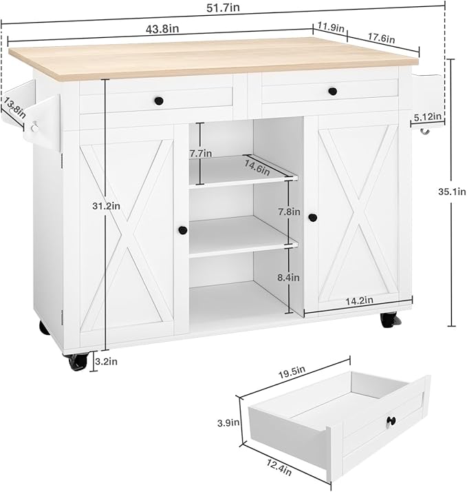 HLR Kitchen Island On Wheels, Rolling Kitchen Island Cart with Drop Leaf Countertop, Barn Door Kitchen Islands Table with Storage Cabinet and Tower Rack, Island Table for Kitchen