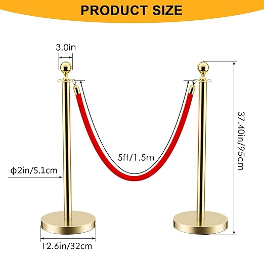 LOVMOR 12Pcs Gold Stanchion Posts Queue with 8pcs Red Velvet Rope, Crowd Control Barriers Queue Line Rope, Crowd Control Stanchion for Party Supplies