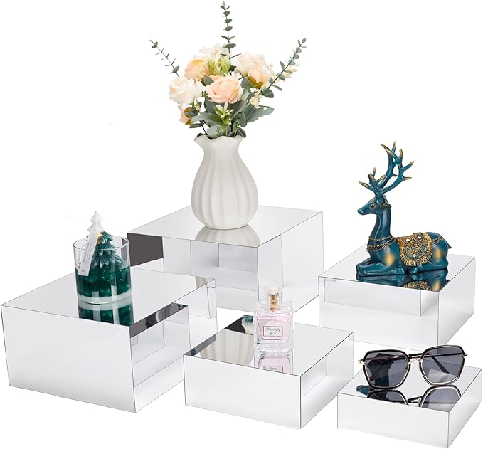 Acrylic Risers for Display 5 Pcs, Food Risers for Party Silver Display Stands Box Nesting Display for Jewelry Bag Cosmetics Catering Dessert Collectibles