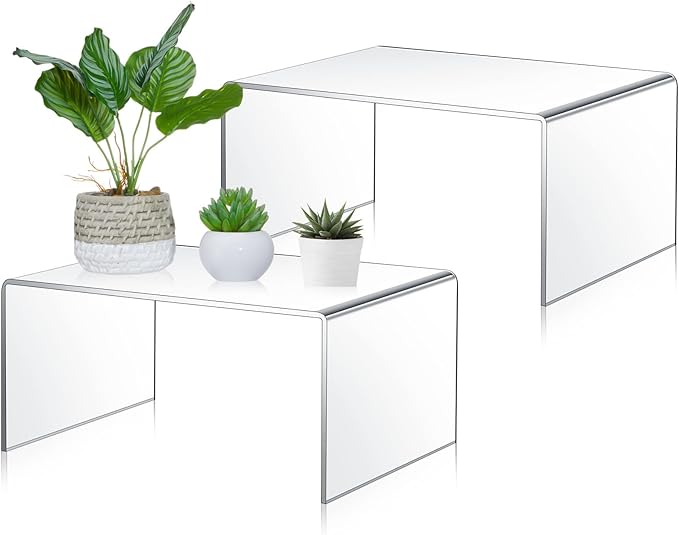 2 Pcs 13 Inch Large Acrylic Risers Display Stands 5 mm Thick Acrylic Shelf Riser Showcase for Collectibles Jewelry Cupcakes Food Figures Perfume Cabinet(Clear)