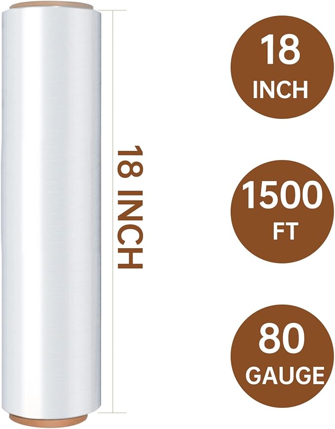 Stretch Wrap Roll, 18" x 1500ft 80 Gauge Heavy Duty Shrink Wrap Alternative, Clear Industrial Strength Stretch Film, Plastic Wrap for Moving, Packing, Pallet, Furniture(4 Rolls)
