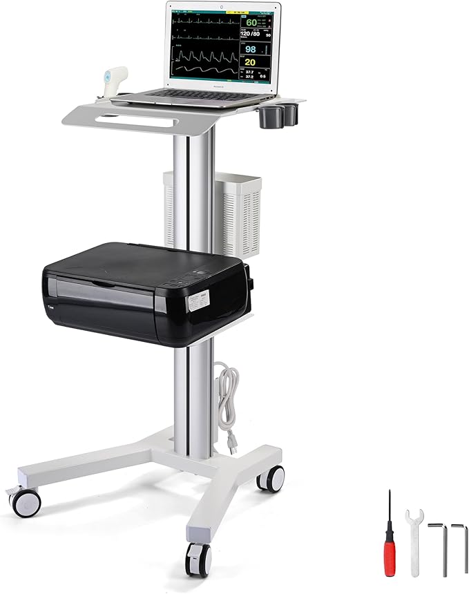 Yescom Medical Mobile Laptop Cart Rolling PC Stand Computer Workstation on Wheels with Handle 220 Lbs Capacity CPU Printer Power Strip Holder for Dentistry Clinic Lap Hospital White