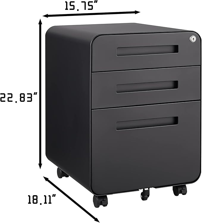 3 Drawer Mobile File Cabinet with Lock, Under Desk Metal Filing Cabinet for Home Office, Assembled Removable Under Desk Storage with Wheels for A4-Size/Letter-Size/Legal-Size (Black)