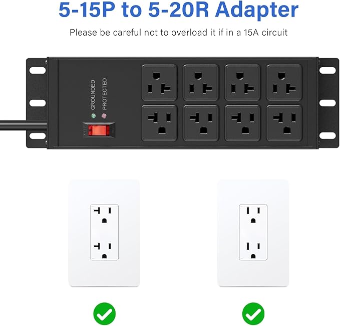 CCCEI Magnetic Heavy Duty Power Strip Surge Protector 20Amp, 12 Gauge High Amp Extension Outlets, Garage Wall Mount 8 Plug Metal Power Strip. 15FT, Black, 5-15P Adapter 6-20R T-Slot 20a for Appliance