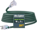 20 Ft Indoor Outdoor Green Extension Cord, 16/3 Heavy Duty Extension Cable, 3 Prong Grounded Plug with Lighted End for Appliance and Lawn, 13A, UL Listed