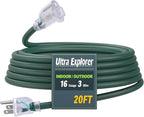 20 Ft Indoor Outdoor Green Extension Cord, 16/3 Heavy Duty Extension Cable, 3 Prong Grounded Plug with Lighted End for Appliance and Lawn, 13A, UL Listed