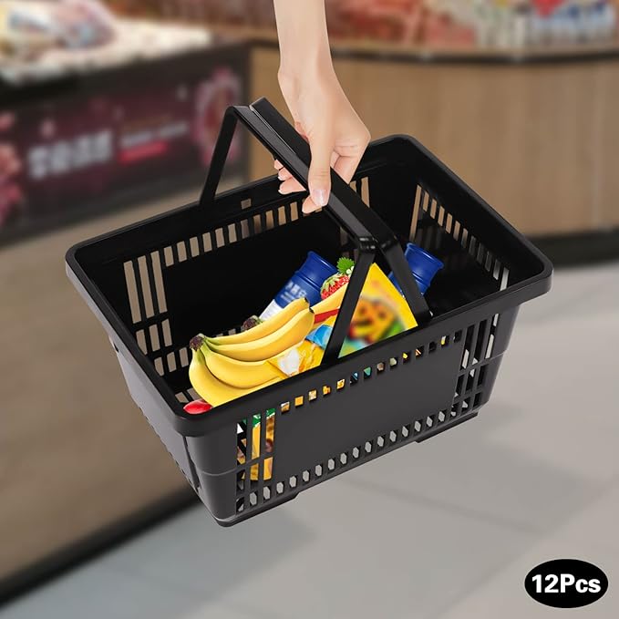 12 Pack Commercial Shopping Baskets - 21L Black Nesting Stackable Bins with Invisible Handle for Retail, Supermarket, Warehouse Durable Store Basket (Black-21L)