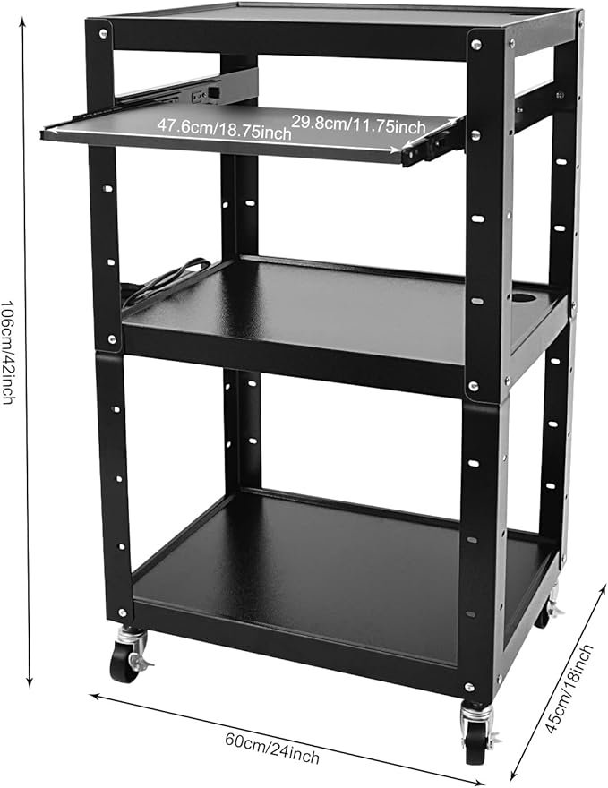 Steel Rolling AV Cart on Wheels, Commercial Furniture Mobile Utility Rolling Media Carts Computer Workstation with Height Adjustable Shelf, Keyboard Tray, Power Outlet and Plugs for Home Office, Black
