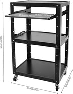 Steel Rolling AV Cart on Wheels, Commercial Furniture Mobile Utility Rolling Media Carts Computer Workstation with Height Adjustable Shelf, Keyboard Tray, Power Outlet and Plugs for Home Office, Black