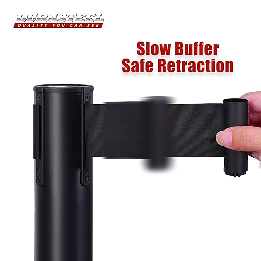 DuraSteel Black Crowd Control Barriers Stanchions with Retractable Belts - Metal Stanchion Posts w/ 6.5ft Black Retractable Barrier Belt Ropes - Queue VIP Safety Line Dividers - Set of 6 Stantions