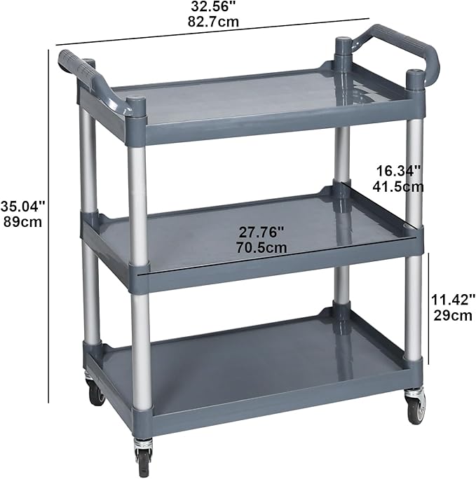 Farmoon Plastic Utility Cart with Wheels, 3-Tier Restaurant Cart, Rolling Food Service Cart, Grey
