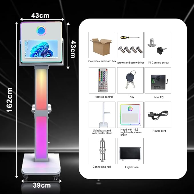 Photo Booth Machine 15.6 inch Selfie Portable Touch Screen Photobooth with RGB Light,Mirror Photo Booth with Flight Case for Wedding Party Events (Photo Booth Machine)