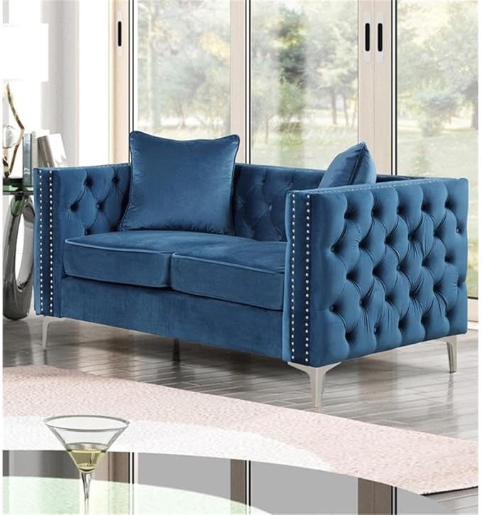 Pemberly Row Chesterfield Button Tufted Velvet Fabric Modern Loveseat-Blue