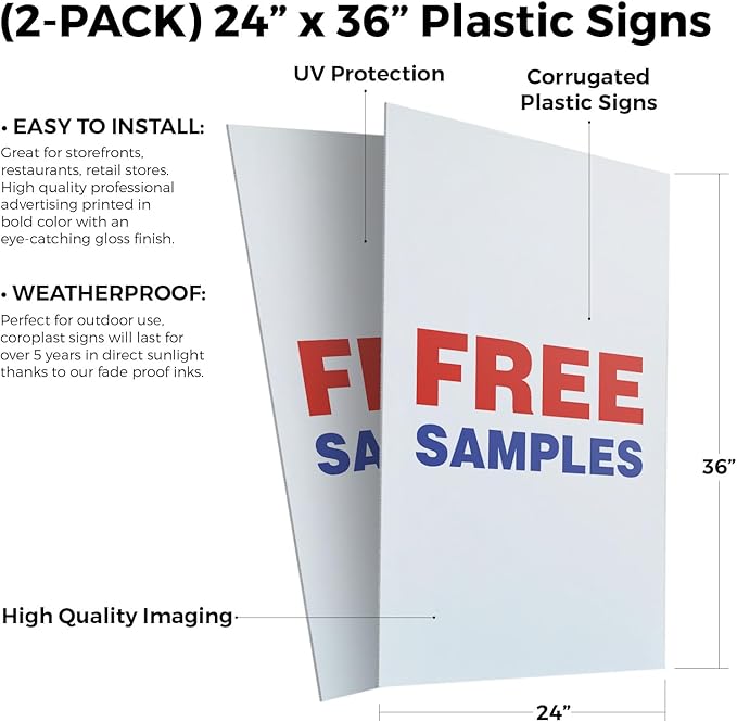 Free Samples (2-Pack) 24 Inch x 36 Inch Plastic Signs | Sign Insert 4mm Corrugated Plastic Signs Storefront Window Poster | Retail Promotions, Customer Incentives, Business Signage | Made in USA
