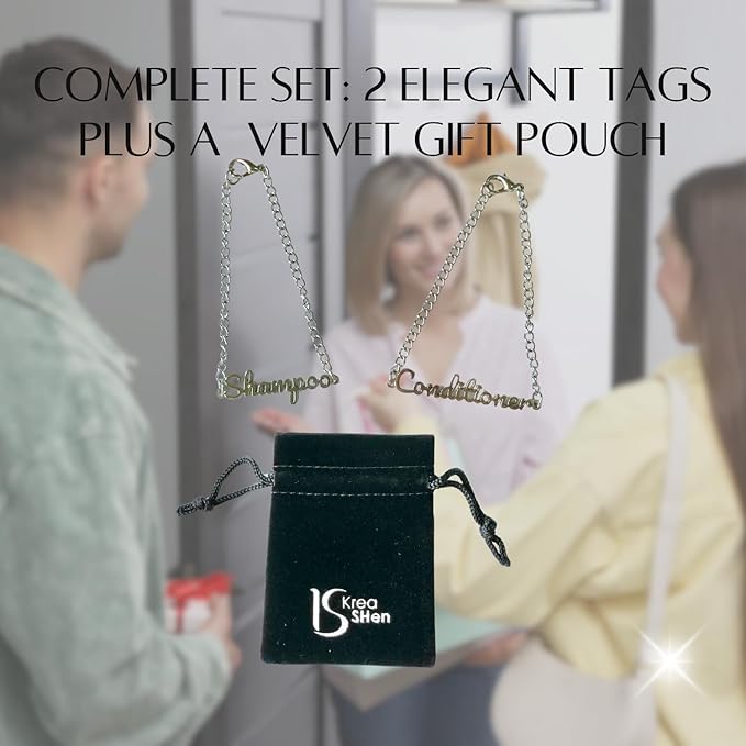 Stylish Metal Shampoo & Conditioner Dispenser Label Tags – 2-Piece Silver Handwritten Script Zinc Alloy Bottle Tags for Shower Dispensers