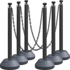 6-Set Pack 40" inch Black Work Zone Chain Post Set, Traffic Queue Delineator Post Cones, 6 x 6.6' Feet Plastic Chains, Portable Crowd Control Stanchions Set (Black-Water Filled Base)