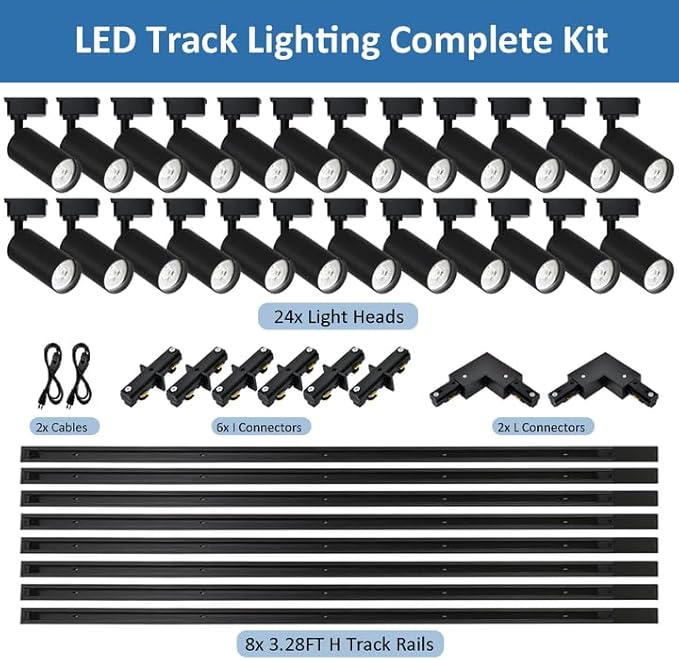 H Type LED Track Lighting Heads Kit, 24 Heads 3000K Warm White with 26.2FT Track Rail, 20W 2700lm High Brightness, Angle Adjustable Track Light