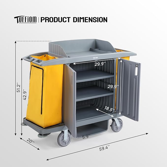 266LBS Premium Hotel & Housekeeping Cart with Door on Wheels, Multifunctional Commercial Cleaning Cart with Large Capacity Vingyl Bags, Comfor Grip Handles and Easy Move Casters, Gray