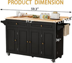 59’’ Rolling Kitchen Island Cart with Drop Leaf and Power Outlet, Movable Kitchen Islands with 3-Tier Door Storage Shelf, Island Table on Wheels, 2 Large Drawers, Towel Racks, Black