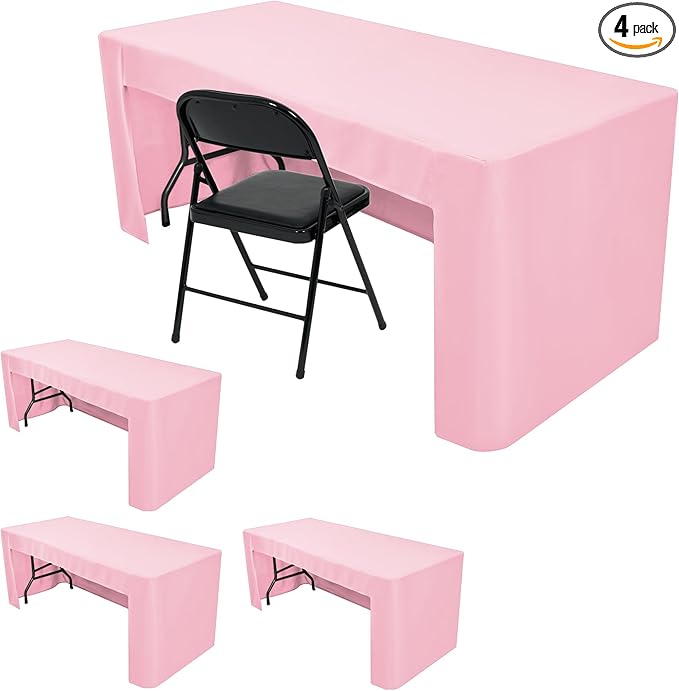 HolidayIdeas Open Back Fitted Tableclothss for 8 Foot Rectangle Table, Wrinkle Resistant Washable Table Covers 96x30 Inch for Craft Fairs, Banquets, Trade Show Display, Pink,4 Pcs