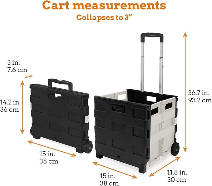 Inspired Living Ultra-Slim Rolling Collapsible Storage Pack-N-Roll Utility-carts, with Telescopic Handle, for Home, Garden, Shopping, Office, School use, Medium, White & Black