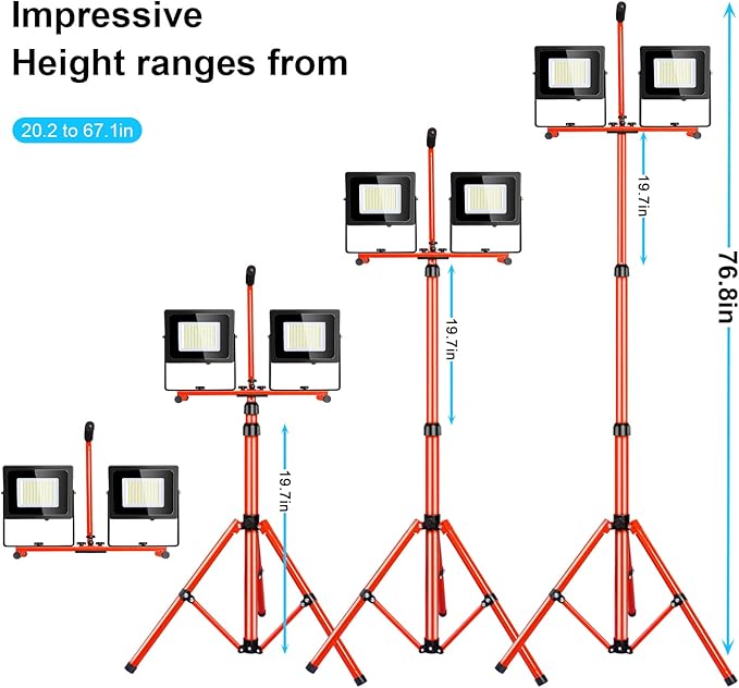 LEDMO 26000 Lumen Led Work Light with Tripod Stand 200W IP65 Waterproof Adjustable Angle Portable Led Work Floodlights with 76.8in Metal Telescoping Tripod for Warehouse, Yard, Job site