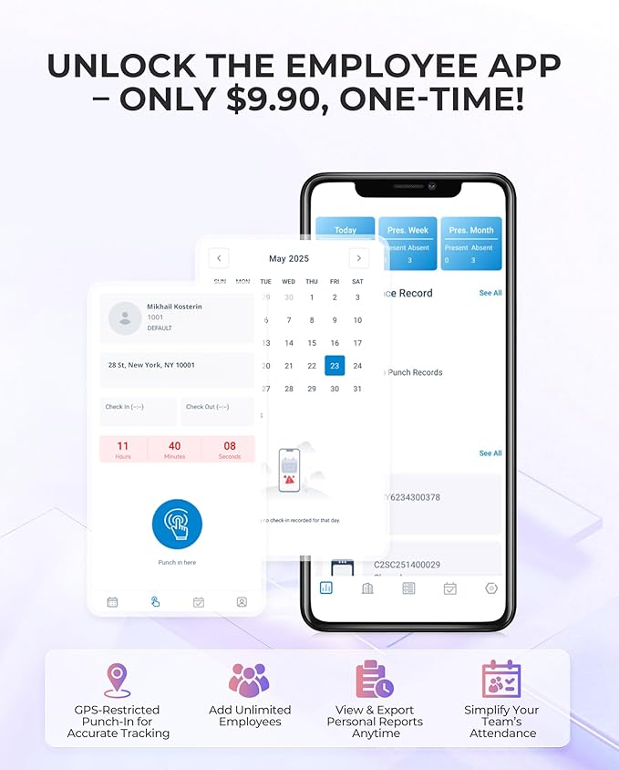 NGTeco Time Clock Cloud-Based, Face+Fingerprint+Card Attendance Time Clocks for Employees Small Business, 2.4G WiFi Remote Control Clock in Machine with Software＆App, IC Cards, No Monthly Fee