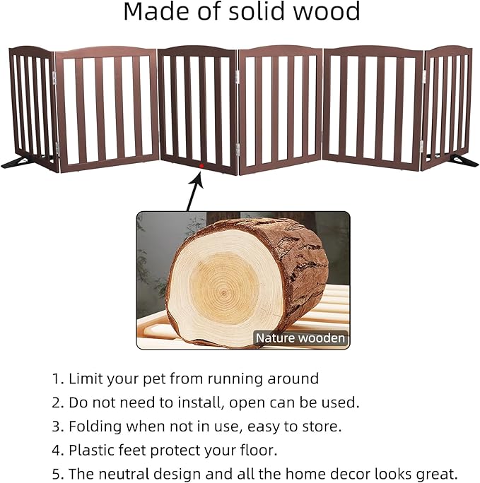 Freestanding Dog Gate Indoor,Doggie Gate Foldable Pet Gates for Doorways,Stairs or Hallways, Wooden Brown Pet Gate for The House, Pet Fence with Support Feet Included,32 "Height-6 Panels