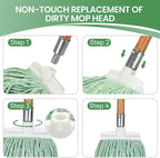 Matthew Cleaning Screw-on Heavy Duty Cotton Wet Mop Replacement Heads(Green, Large,3Pack) with 2 Pack Microfiber Cloth for Residential & Commercial Floor Cleaning Use- Fit Standard American Screw